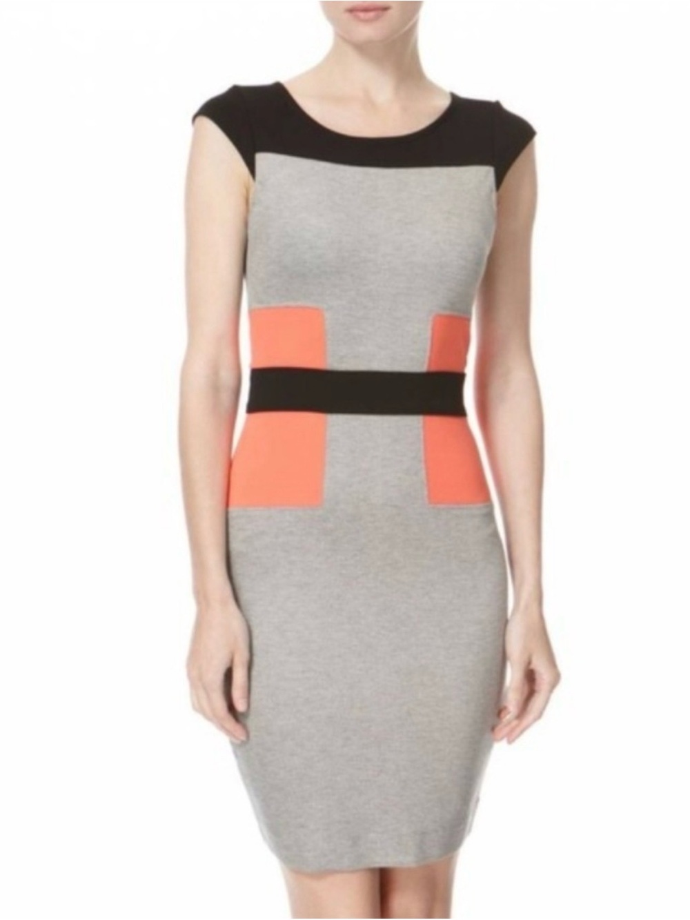 French Connection Gray, Coral & Black Colorblock Midi Dress